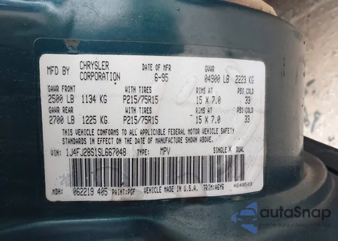 1995 Jeep Cherokee Se z USA, uszkodzony, nr VIN 1J4FJ28S1SL667048